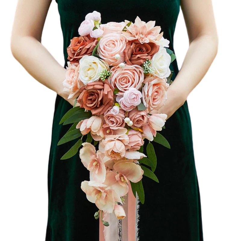 Gkvszy 9.1Inch Peach Pink Cascading Bridal Bouquet for Bride Artificial Pink Rose Cascade Bridal Flower Bride Wedding Bouquet Peach Pink