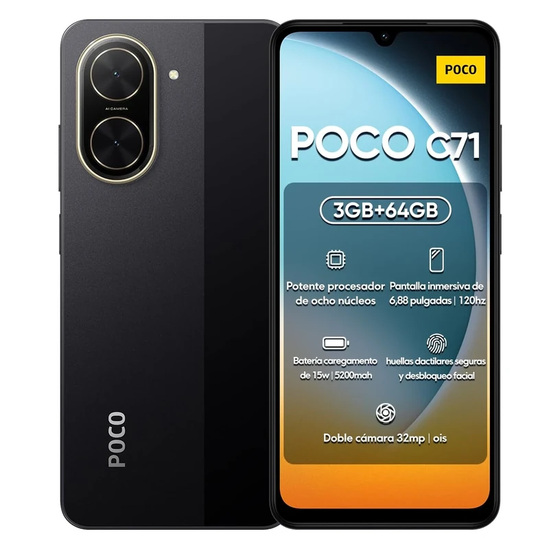 Xiaomi POCO C71 4G Smartphone 3GB+64GB Black, UNISOC T7250 Octa-Core Processor, Immersive 6.88" 120Hz display, Massive 5200mAh battery, Clear 32MP AI dual camera (UK Version + 2 Years Warranty)
