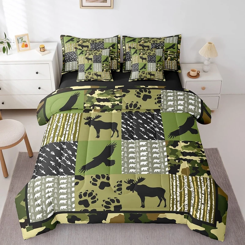 Feelyou Rustic Cabin 7 Piece Bedding Set Twin Size for Boys Teens Kids Wild Farmhouse Hunting Camouflage Comforter Set with Sheets Hunter Bear Moose Animal Wildlife Bed in a Bag Home Decor