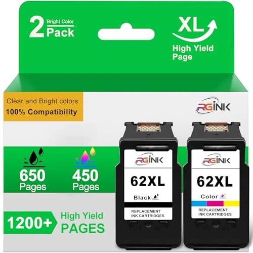 RGiNK 62XL 62 Compatible Replacement for 62 Printer Cartridges 62 XL 62XL Black and Colour Cartridges for Envy 5540 5548 7640 5640 5646 HP OfficeJet 250 200 5740 5742 (Pack of 2)