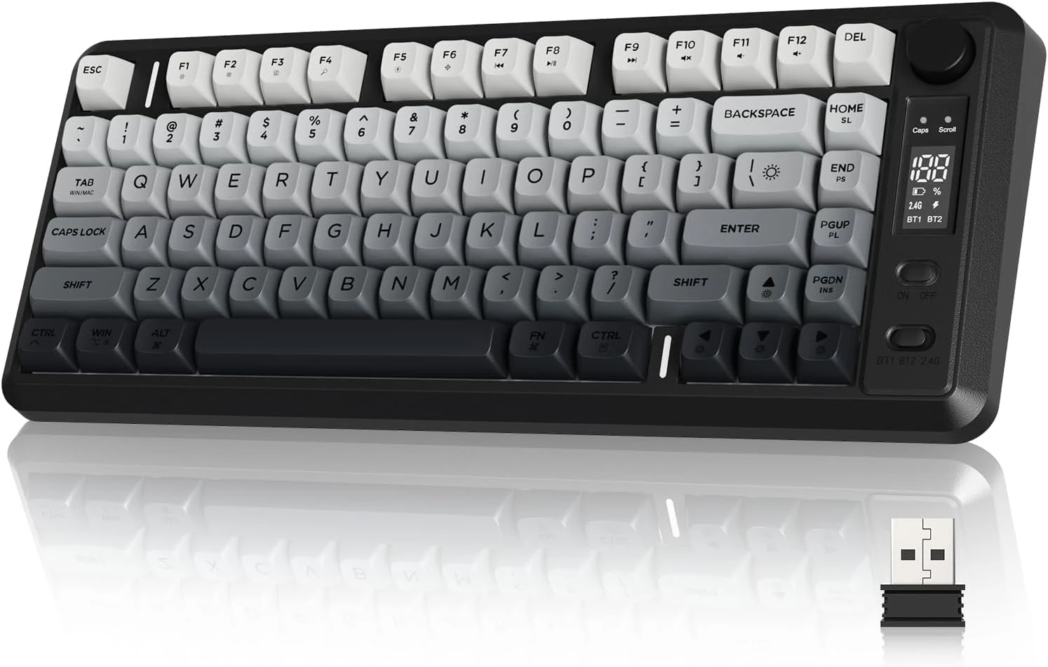 FREEWOLF M75 Dual-Mode Wireless Keyboard, Bluetooth+2.4G Connection, Knob Control&Display Screen, 82-key Compact PBT Gradient Keycaps, Rainbow Light, 2000mAh, Full-Key Non-Conflict for Mac/Win-Black