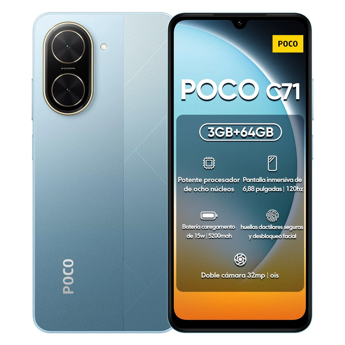 Xiaomi POCO C71 4G Smartphone 3GB+64GB Blue, UNISOC T7250 Octa-Core Processor, Immersive 6.88" 120Hz display, Massive 5200mAh battery, Clear 32MP AI dual camera (UK Version + 2 Years Warranty)