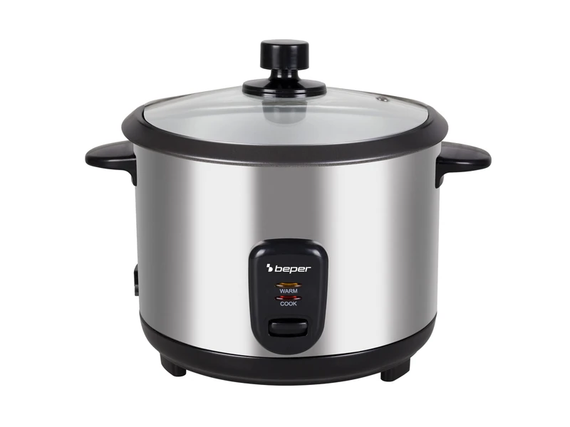 BEPER P101VAP001 Electric Rice Cooker with Heat Retention Function, Steamer Basket, Non-Stick Coating, Glass Lid, Self-Shuting, Stainless Steel