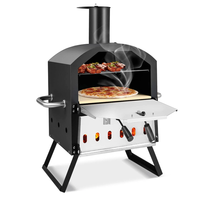 FANTASK Pizza Oven 2-Layer with Grill Grate, Outdoor Pizza Oven, Pizza Stone & Folding Legs, Pizza Shovel, Waterproof Cover