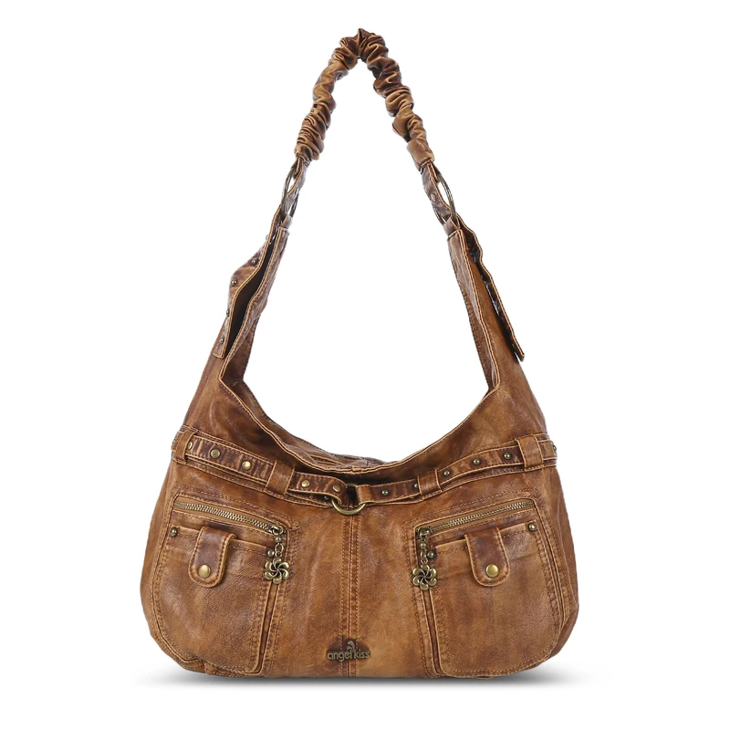 Angel Kiss Purses for Women Large Hobo Shoulder Bags Vagen Leather Multi-Pocket Tote Bag Ladies Designer Handbags with Studs, Brown, L