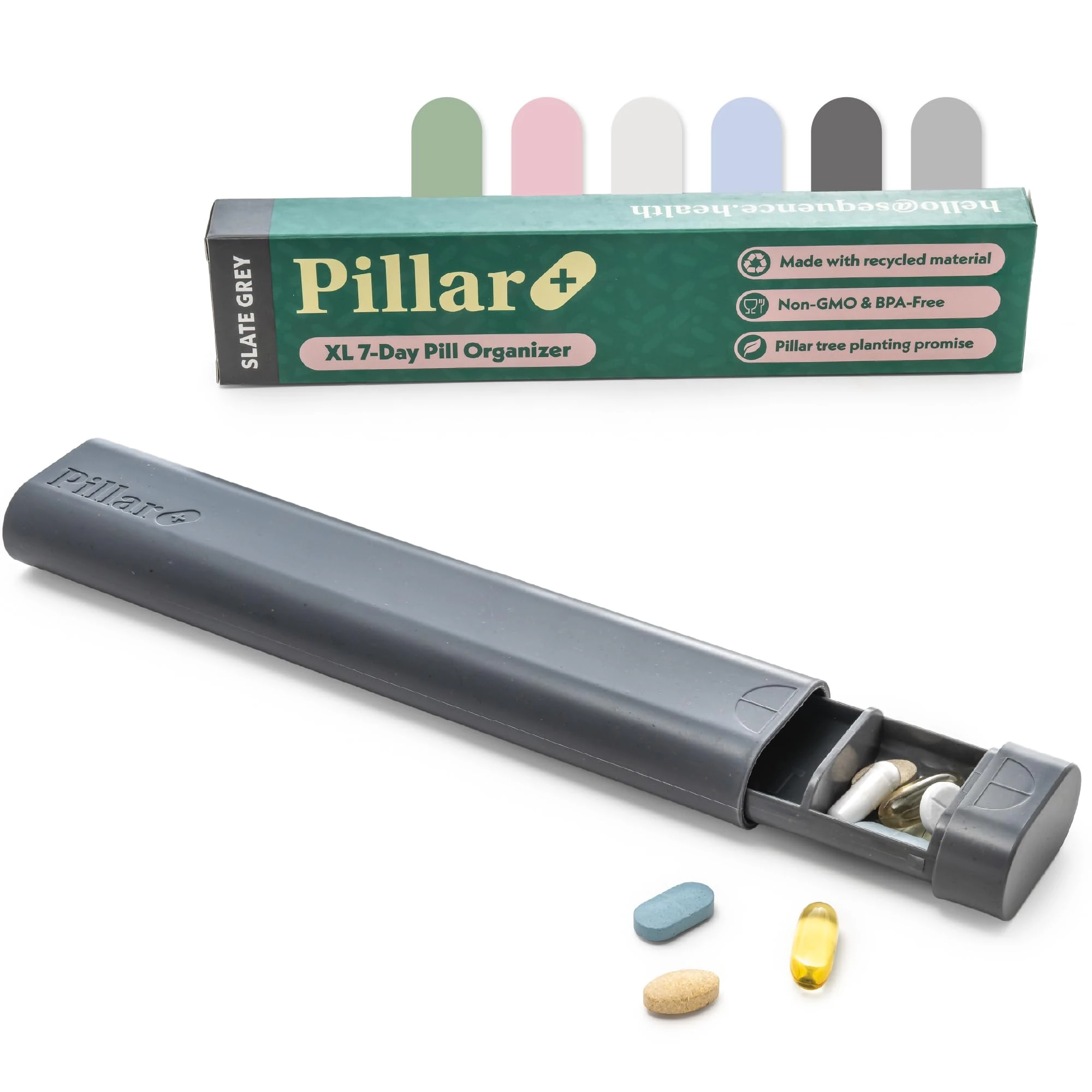 Pillar Plus - Large 7 Day Pill Organiser | BPA-Free Weekly Pill Box | Large Medication & Vitamin Organiser for Travel | Portable Medicine Case | Aesthetic Medication Organizer (Slate Grey)