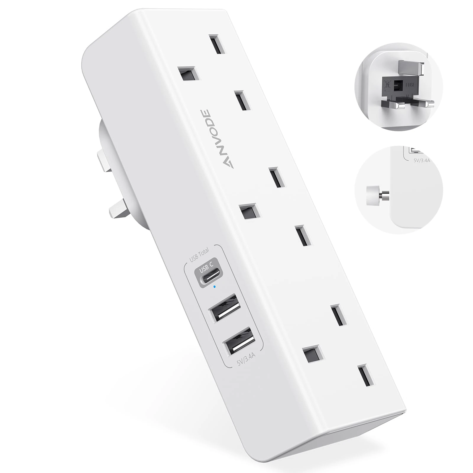 Multi Plug Extension with USB C Slot, 3 Way Plug Wall Charger Socket, Multi Outlets Extender Adapter UK for School, Home, Kitchen, Office (White)