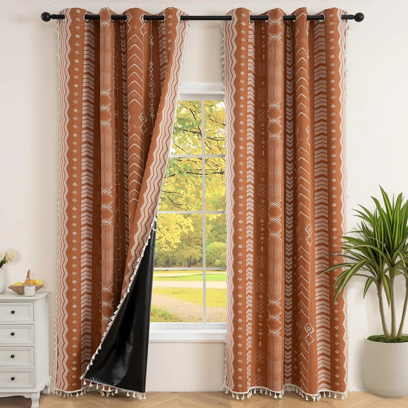 ColorBird 100% Boho Blackout Curtains & Drapes Thermal Curtains for Winter Insulated 84 Inches Long Burnt Orange Western Rustic Aztec atterned Window Treatment for Living Room Bedroom Boho Chic Decor
