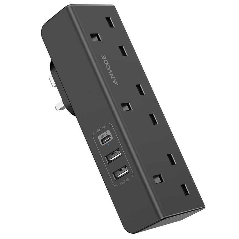 Multi Plug Extension with USB C Slot, 3 Way Plug Wall Charger Socket, Multi Outlets Extender Adapter UK for School, Home, Kitchen, Office (Black)