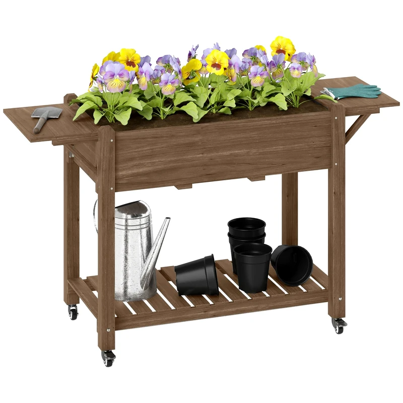 Outsunny Raised Garden Bed, Wooden Elevated Planter Box with Lockable Wheels, Side Tables and Bottom Shelf, Outdoor Planter with Liner and Drainage Holes for Vegetables, Flowers, Fruits, Carbonised