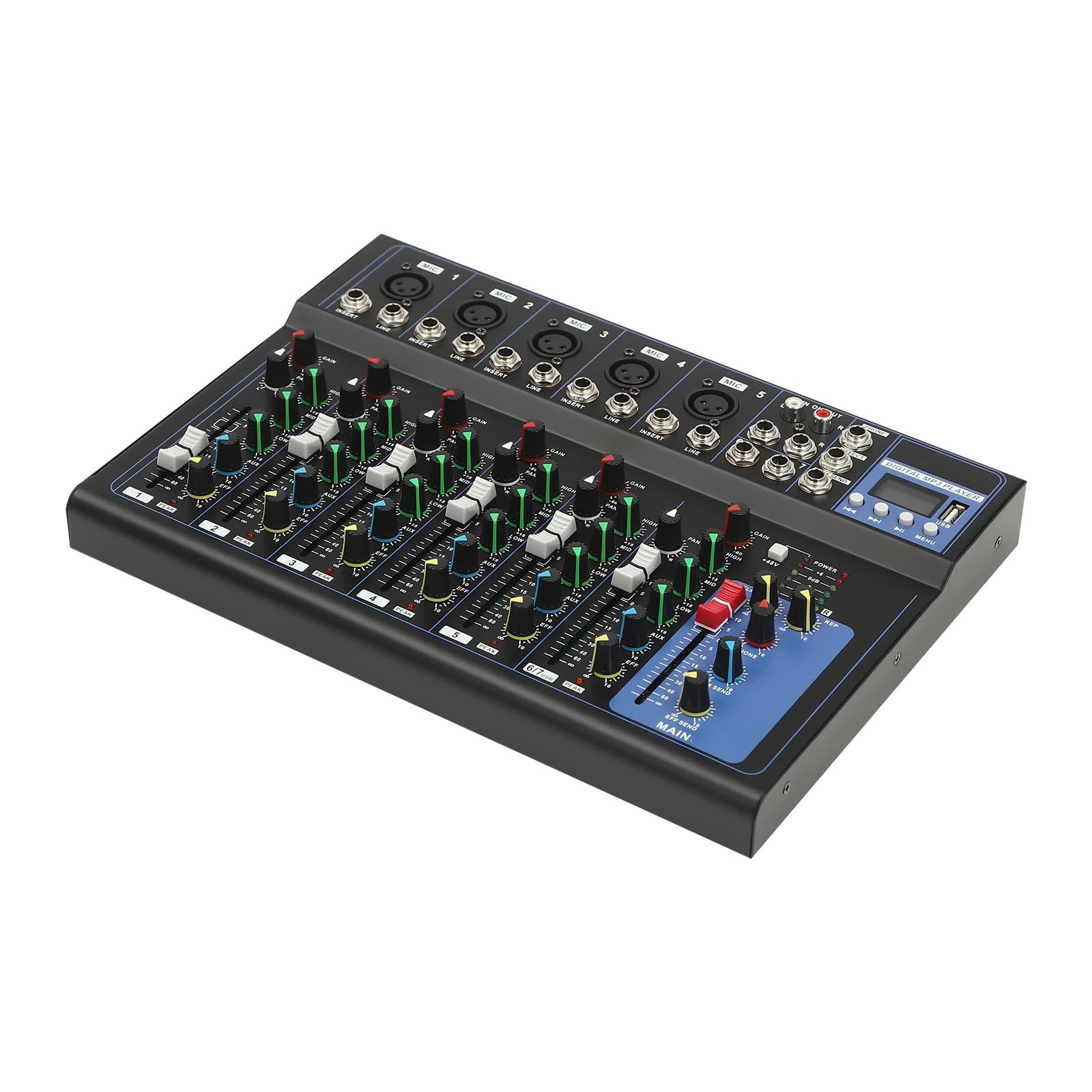 Bluetooth Portable Audio Mixer, 7 Channel Sound Mixing Console, Mixing Board Console With DJ Mixer, USB Audio Interface Mixer for Home KTV, Bars and Recording Studios
