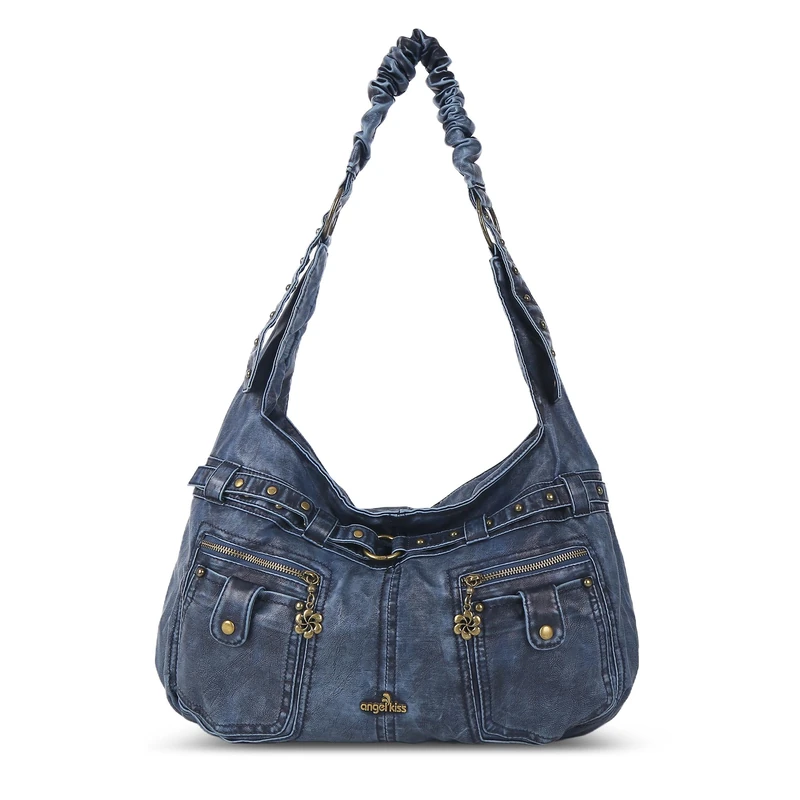 Angel Kiss Purses for Women Large Hobo Shoulder Bags Vagen Leather Multi-Pocket Tote Bag Ladies Designer Handbags with Studs, Blue, L