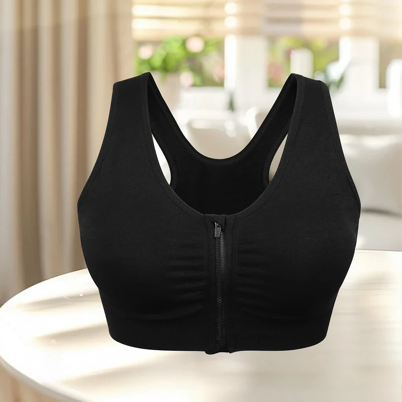 Women's Sports Bra with Front Zipper, Wireless, Medium Support, Yoga Bra with Removable Pads, Black, XL