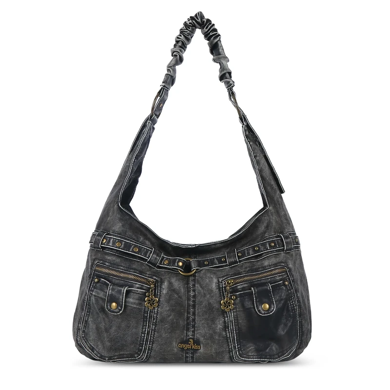 Angel Kiss Purses for Women Large Hobo Shoulder Bags Vagen Leather Multi-Pocket Tote Bag Ladies Designer Handbags with Studs, Black, L