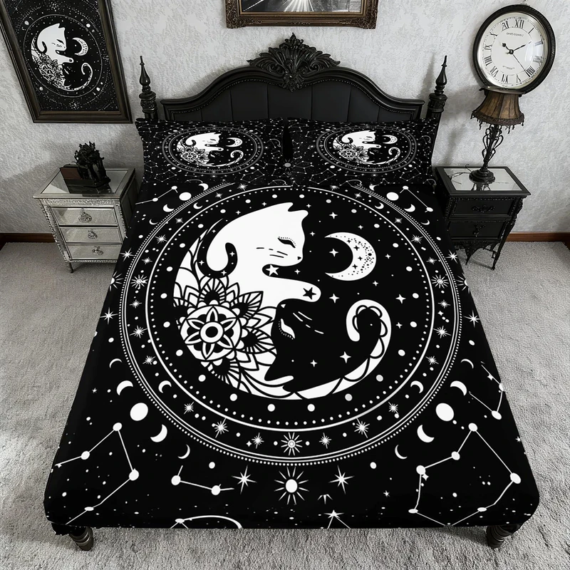 Tai Chi Cats Fitted Sheets Queen Size,Gothic Starry Galaxy Constellation Bedding Set 3pcs for Kids Teens Boy Girls Room Decor,Pet Animal Flower Plant Sheet Set Black Exotic Bed Cover,2 Pillowcases