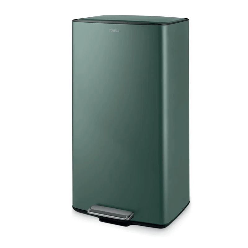 Tower 40L Rectangular Pedal Bin, Made from Strong & Durable Carbon Steel, Inner Bucket, Carbon Filter Compartment, Forest Green