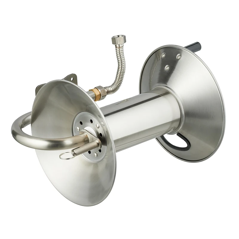 Relaxdays Hose Reel, Stainless Steel, Wall-Mounted Hosepipe Holder, 27 x 47 x 35 cm, Garden & Patio, Watering, Silver