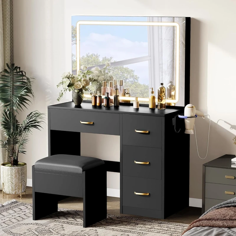 DWVO Vanity Table and Stool Set with LED Mirror, Makeup Desk with Adjustable 3-Colour Lighting, 4-Drawer Storage, Hair Dryer Rack & Built-in Plug Socket, Dressing Table for Bedroom, Black