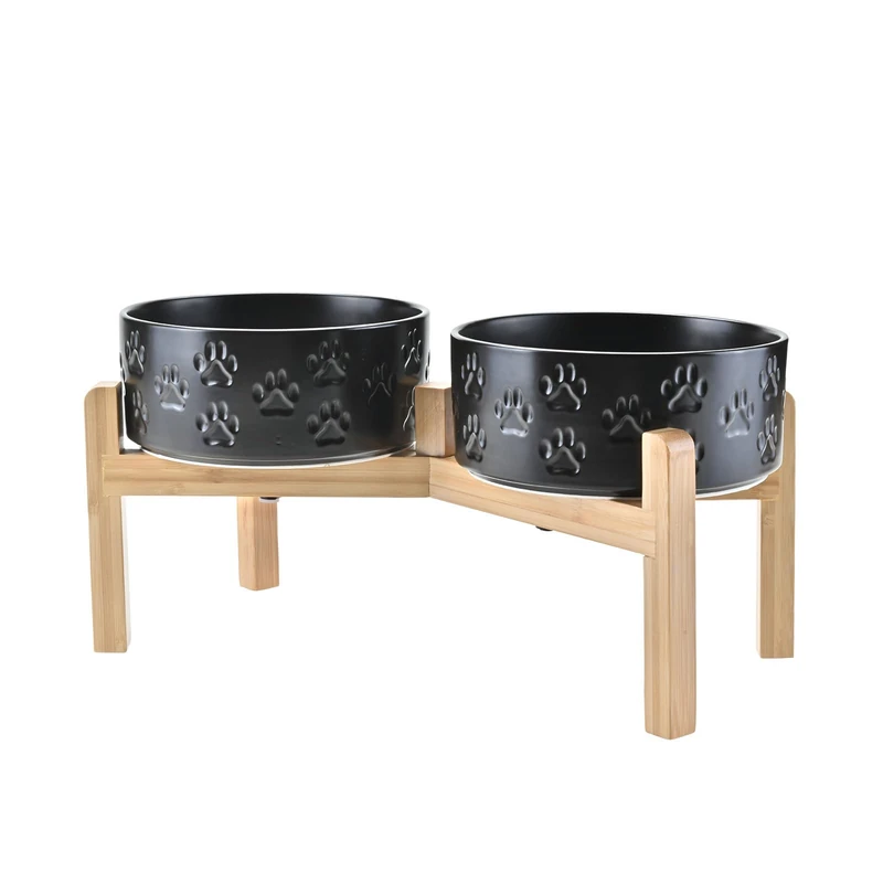 SPUNKYJUNKY Elevated Dog Bowls Ceramic, 7.3'' Dogs Food Water Bowls Raised with Non-Slip Bamboo Stand for Medium to Large Sized Breed Microwave Dishwasher Safe - 42 OZ,Paw Black