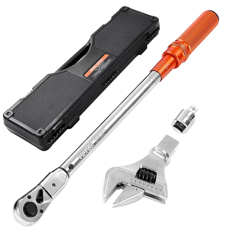 VEVOR Adjustable Click Torque Wrench, 1/2 Inch Drive, 20-160 lbf-ft/27.1-216.8 N.m, Dual-Direction and Dual Range Scales, 72-Tooth, ±2% Precision, with Adapter Interchangeable Jaw and Ratchet Head