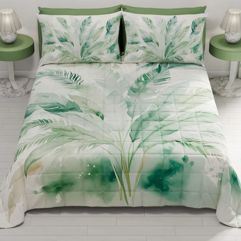 PETTI Artigiani Italiani - Summer Double Bedspread 260 x 270 cm 100 g/m² Double Sided Spring Quilt Lightweight Sage Palm Tree 100% Made in Italy