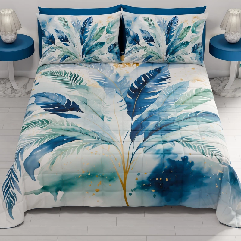 PETTI Artigiani Italiani - Summer Double Bedspread 260 x 270 cm 100 g/m² Double Sided Spring Quilt Lightweight Blue Palm Tree 100% Made in Italy