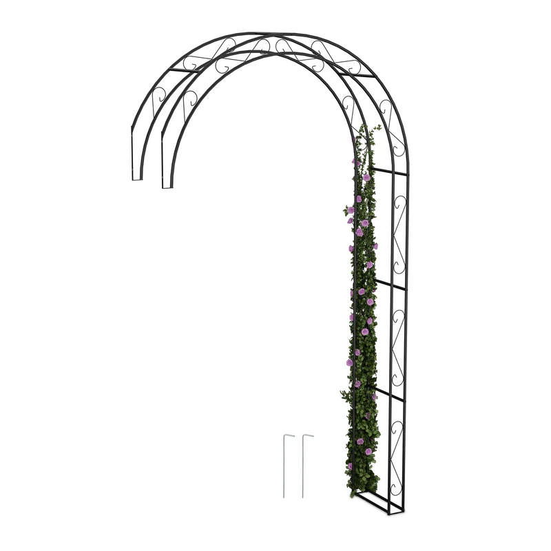 Relaxdays Half Garden Arbour, Metal, HWD: 245 x 130 x 36 cm, Climbing Arch for Plants, Wall-Mounted Rose Archway, Black