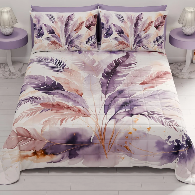 PETTI Artigiani Italiani - Summer Double Bedspread 260 x 270 cm 100 g/m² Double Face, Spring Quilt, Lightweight Quilt, Purple Palm, 100% Made in Italy