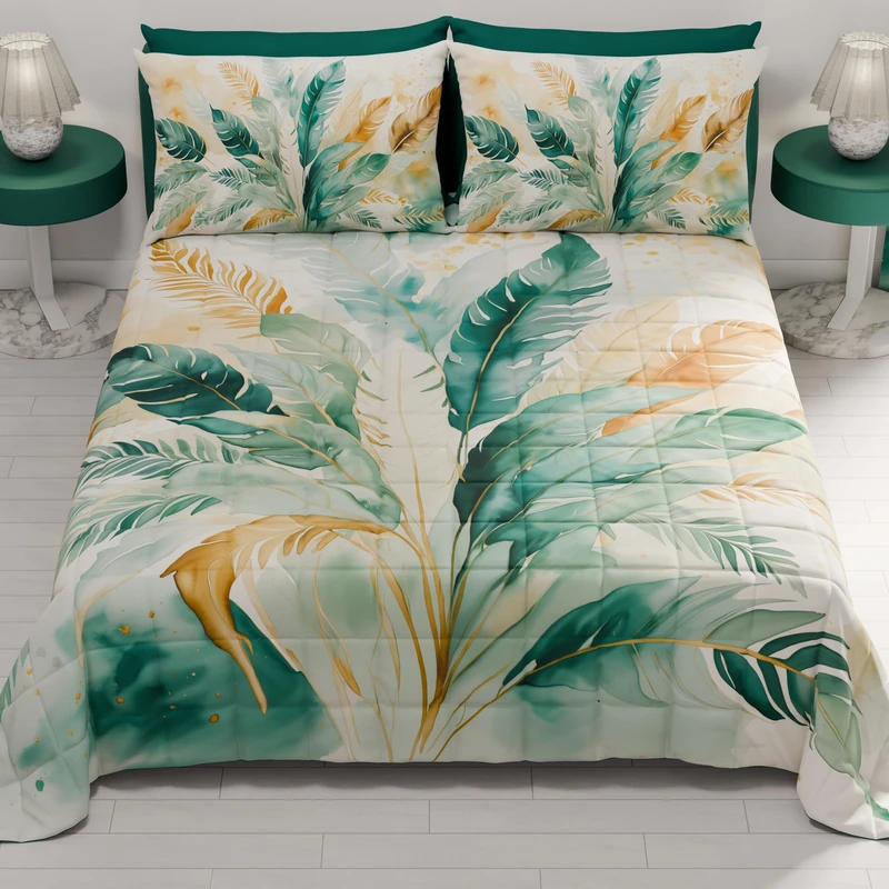 PETTI Artigiani Italiani - Summer Bedspread 220 x 260 cm 100 g/m² Double Face, Spring Quilt, Lightweight Quilt, Teal Palm, 100% Made in Italy