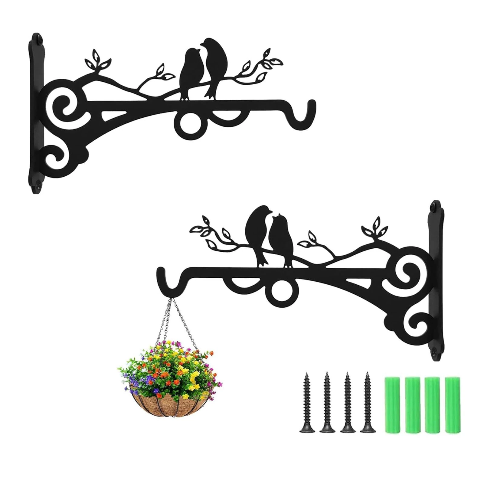 Odreddin 2Pcs Heavy Duty Hanging Basket Brackets, Outdoor Wall Mounted Plant Hooks for Garden, Lantern, Bird Feeder, Wind Chime - Rust-Resistant Black Steel Hangers with Screws