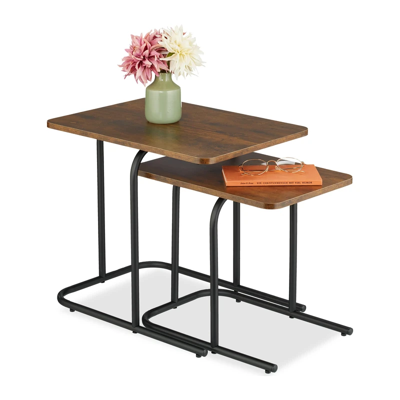 Relaxdays Nesting Tables, 2-Piece Set, 2 Sizes, Wood Effect, Metal, Rectangular, Lounge, for Sofa, Dark Brown/Black, Fibreboard, Iron, Plastic
