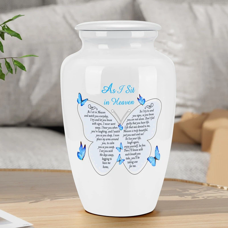 Abooxiu 10 Inches Cremation Urns for Human Ashes Ceramic Keepsake Urn Butterflies Urns for Human Ashes Decorative Urn for Adult Memorial Funeral Ashes Keepsake - As I Sit in Heaven - Up to 200 lbs - Image 1