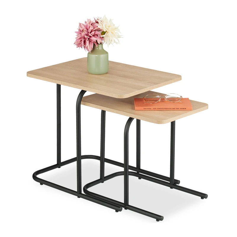 Relaxdays Nesting Tables, 2-Piece Set, 2 Sizes, Wood Effect, Metal, Rectangular, Lounge, for Sofa, Light Brown/Black, Iron, Plastic, Fibreboard