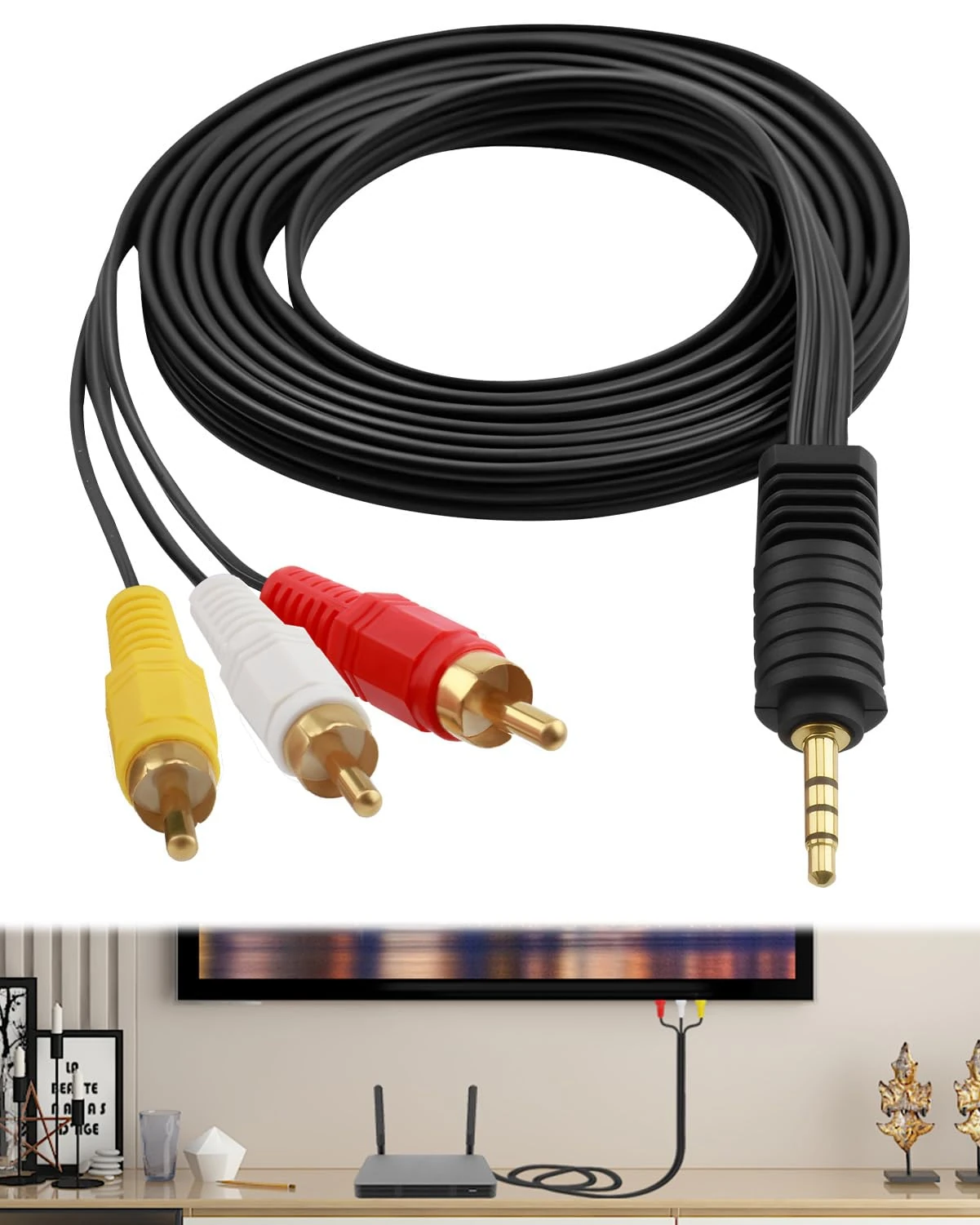 3.5 mm to RCA AV Camcorder Cable, 3 RCA Male Plug Audio Video output Stereo Splitter Adapter Cord for Smartphones TV Tablets MP3 Speakers Home Theater DVD CD Radios players Set-top Boxes 1.5m