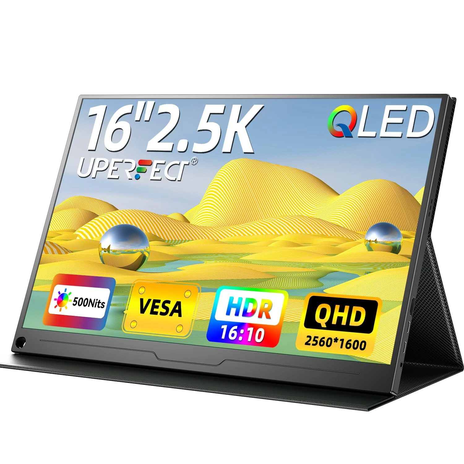 UPERFECT QLED 2.5K Portable Monitor 16", 500 Nits QHD 2560x1600 16:10 Screen, Standard HDMI & 2 USB-C Ports, Eye Care Matte Display, Frameless with Metallic Rear Casing, Smart Cover