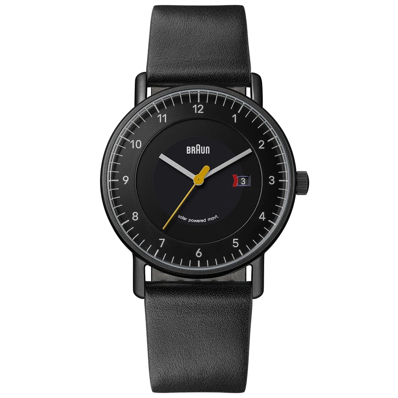 Braun Mens 3-Hand with Solar Powered Date Analogue Quartz Watch, Black Dial, Leather Strap and Stainless Steel Case, 40mm, Model BN0301BKBKG