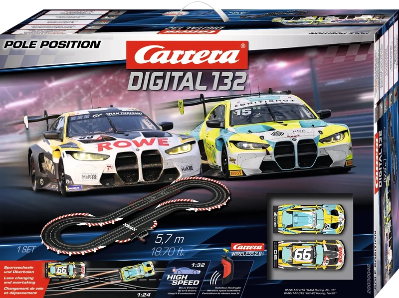 Carrera Digital 132 20030046UK Pole Postion 1:32 Scale I 5.7 Metres I With BMW M4 GT3 Rowe Racing No.99 & BMW M4 GT3 Ram Racing No.15, UK Plug Version