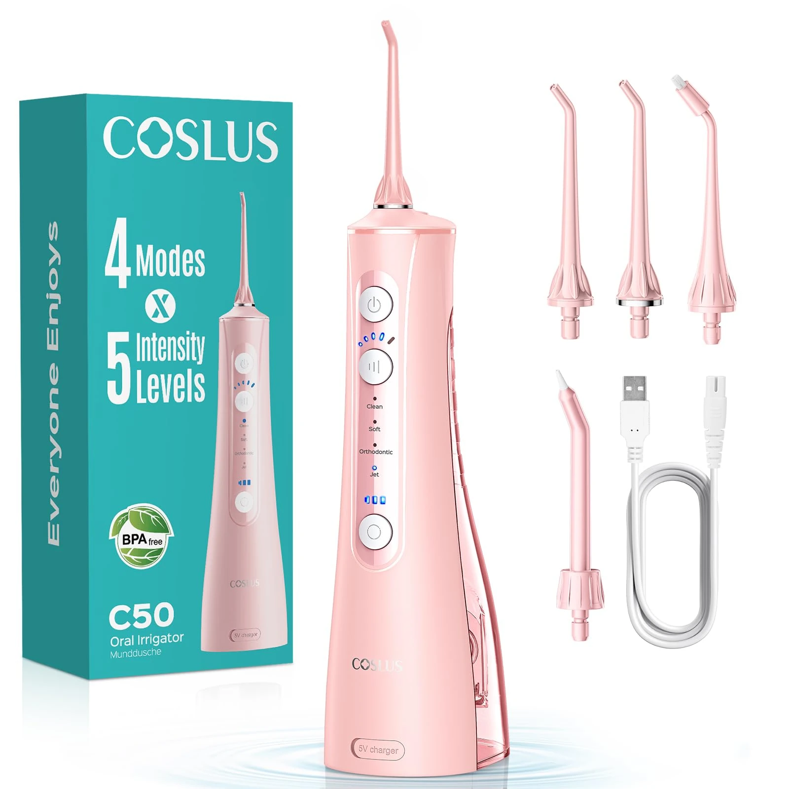 COSLUS Water Flosser for Teeth Cordless: 4 Modes & 20 Levels - Portable Irrigador Dental for Health - Conscious Sensitive Users Gums - Travel Home Use with 4 Jet Tips - Pink