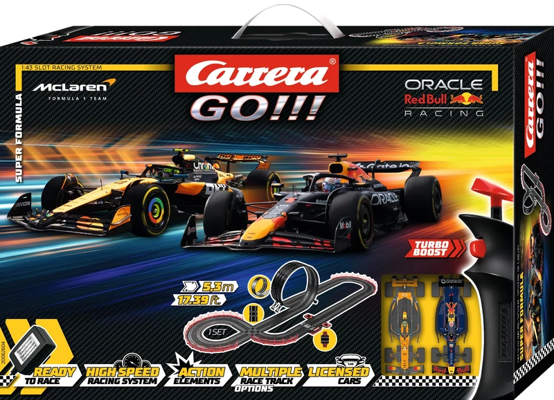 Carrera GO!!! 20062604UK Super Formula 1, 1:43 Scale I 5.3 Metres, With Oracle Red Bull Racing 21 M. Verstappen No.1 & McLaren Formula 1 Team MCL39 L. Norris No.4, UK Plug Version