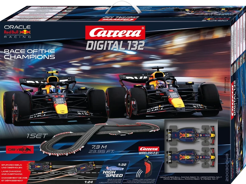 Carrera Digital 132 20030048UK Race of the Champions - Formula 1 1:32 Scale, 7.3 Metres, With Red Bull Racing RB20 M.Verstappen No.1 & S. Perez No.11, UK Plug Version