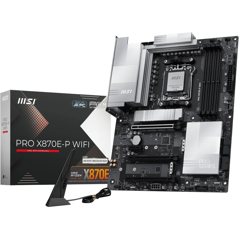 MSI PRO X870E-P WIFI Motherboard, ATX - Supports AMD Ryzen 9000/8000 / 7000 Processors, AM5-60A SPS VRM, DDR5 Memory Boost (8200+ MT/s OC), PCIe 5.0 x16 & 4.0 x16, M.2 Gen5, Wi-Fi 7, 5G LAN