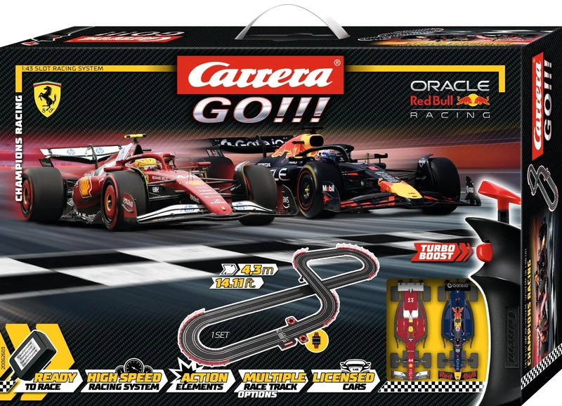 Carrera GO!!! 20062603UK Champion's Racing Formula 1, 1:43 Scale, 4.3 Metres, With Oracle Red Bull Racing 21 M. Verstappen No.1 & Ferrari SF-25 L. Hamilton, Suitable from 6 Years+, UK Plug Version