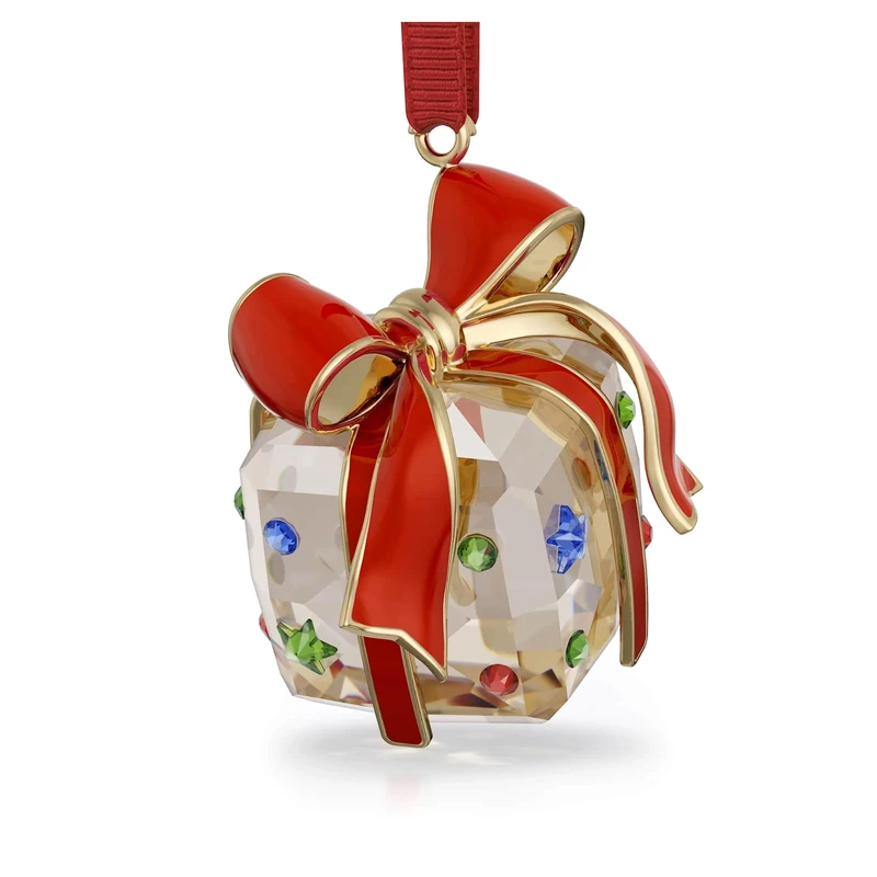 Swarovski Holiday Cheers Gift Ornament, Christmas Motif with Gold-Tone Faceted Crystal, Lacquered Metal Accents & Red Grosgrain Ribbon, Part of the Swarovski Holiday Cheers Collection