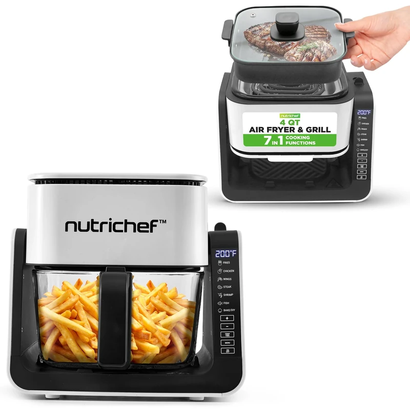 NutriChef Air Fryer & Grill, 4 Litre Airfryer, 7 in 1, Preset Cook Modes, Transparent Fry Bowl, Cook Shrimp, Steak, Fries, 4L Glass Air Fryer & 1.2L Grill, White
