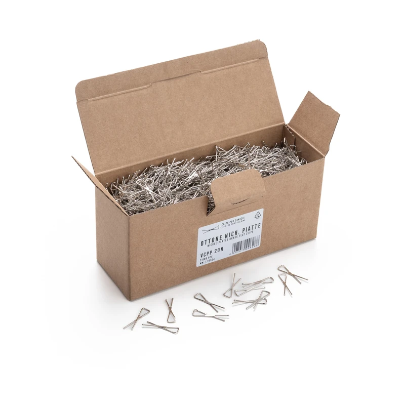 Nickel Plated Brass Flat Clips - 1.10 x 34 mm - Cardboard Box of 2000 Pieces - Made in Italy