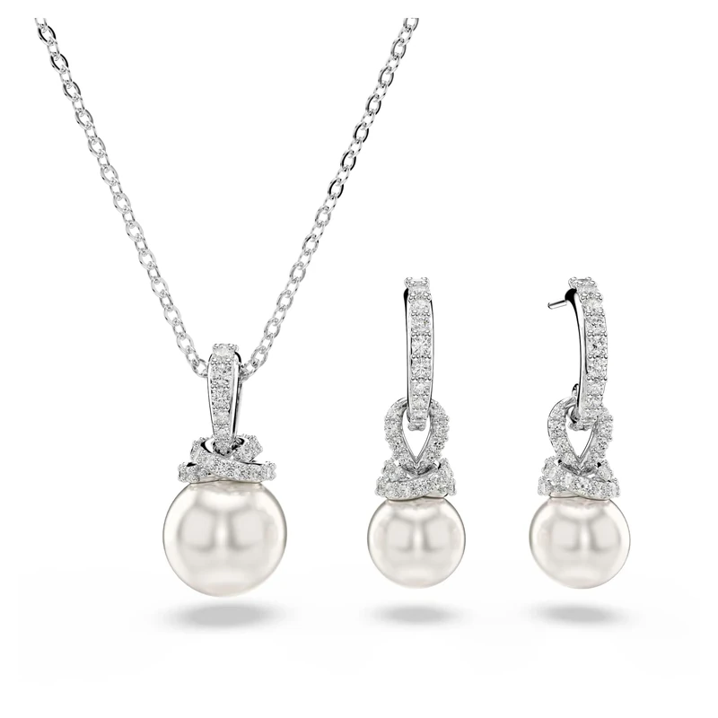 Swarovski Originally Jewellery Set, Pendant Necklace & Hoop Earrings with Crystal Pearls and Clear Pavé Crystals in a Rhodium-Finished Setting, Part of the Originally Collection