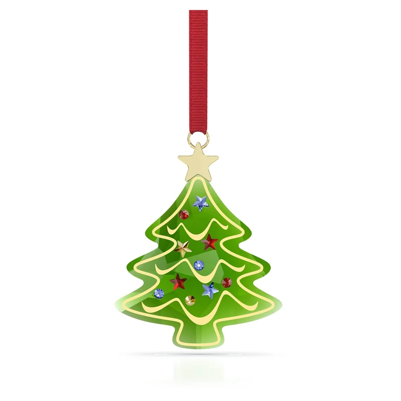 Swarovski Holiday Cheers Tree Ornament, Christmas Motif with Green Faceted Crystal, Champagne Gold-Tone Metal Accents & Red Grosgrain Ribbon, Part of the Swarovski Holiday Cheers Collection