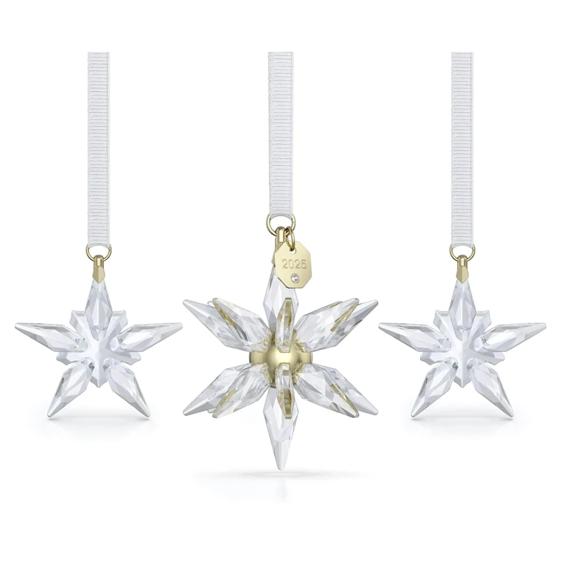 Swarovski Annual Edition 3D Ornament Set 2025, 3 Clear Faceted Crystal Stars with Champagne Gold-Tone Metal Accents & White Grosgrain Ribbons, Part of the Swarovski Annual Edition Collection