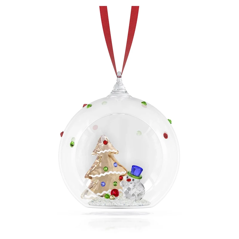 Swarovski Holiday Cheers Tree and Snowman Ball Ornament, Christmas Motif with Multicoloured Faceted Crystal & Red Grosgrain Ribbon, Part of the Swarovski Holiday Cheers Collection