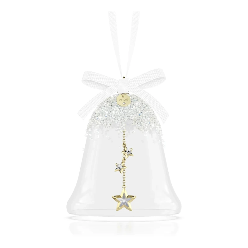 Swarovski Annual Edition Bell Ornament 2025, Glass Bell with Clear Faceted Crystal Stars, Champagne Gold-Tone Metal Accents & White Grosgrain Ribbon, Part of the Swarovski Annual Edition Collection